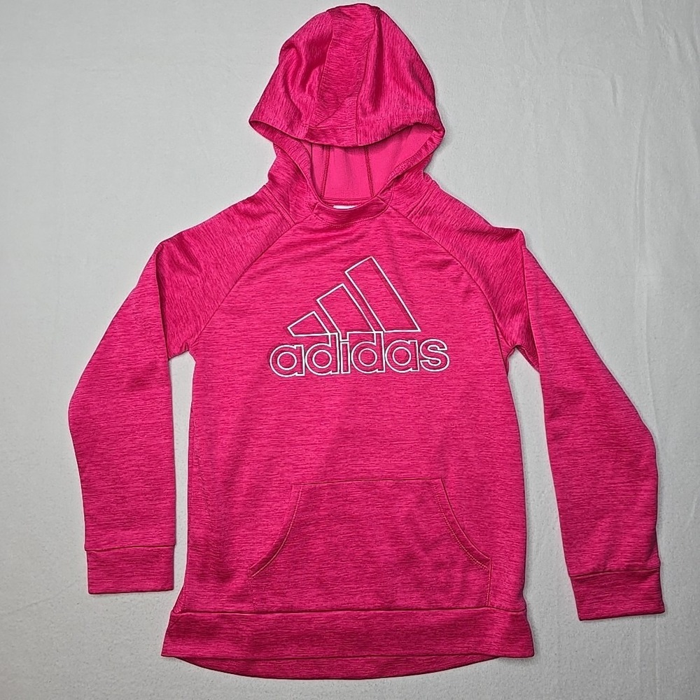 Adidas‎ Bright Pink Hoodie Youth Girls Size XL (16) Metallic Silver Logo School